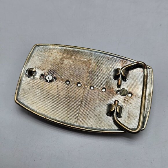 Silver-Tone Belt Buckle With Oval Snowflake Obsidian Gemstone Bead Inlay Vintage - Picture 3 of 6